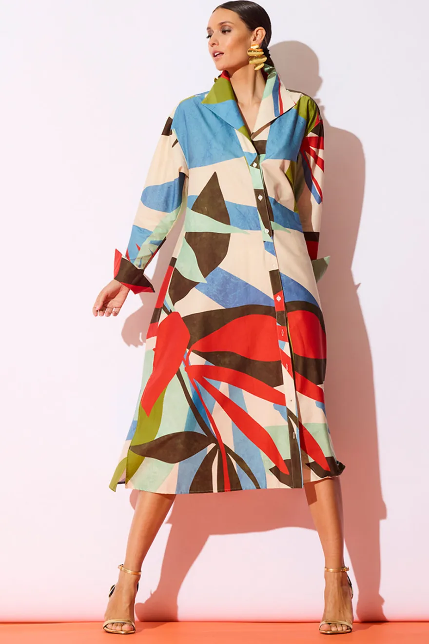 Abstract Palm Cotton Poplin Oversized Button Down Shirtdress
