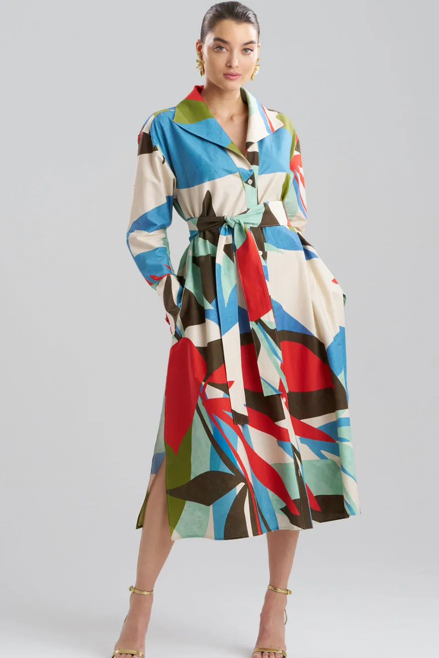 Abstract Palm Cotton Poplin Oversized Button Down Shirtdress