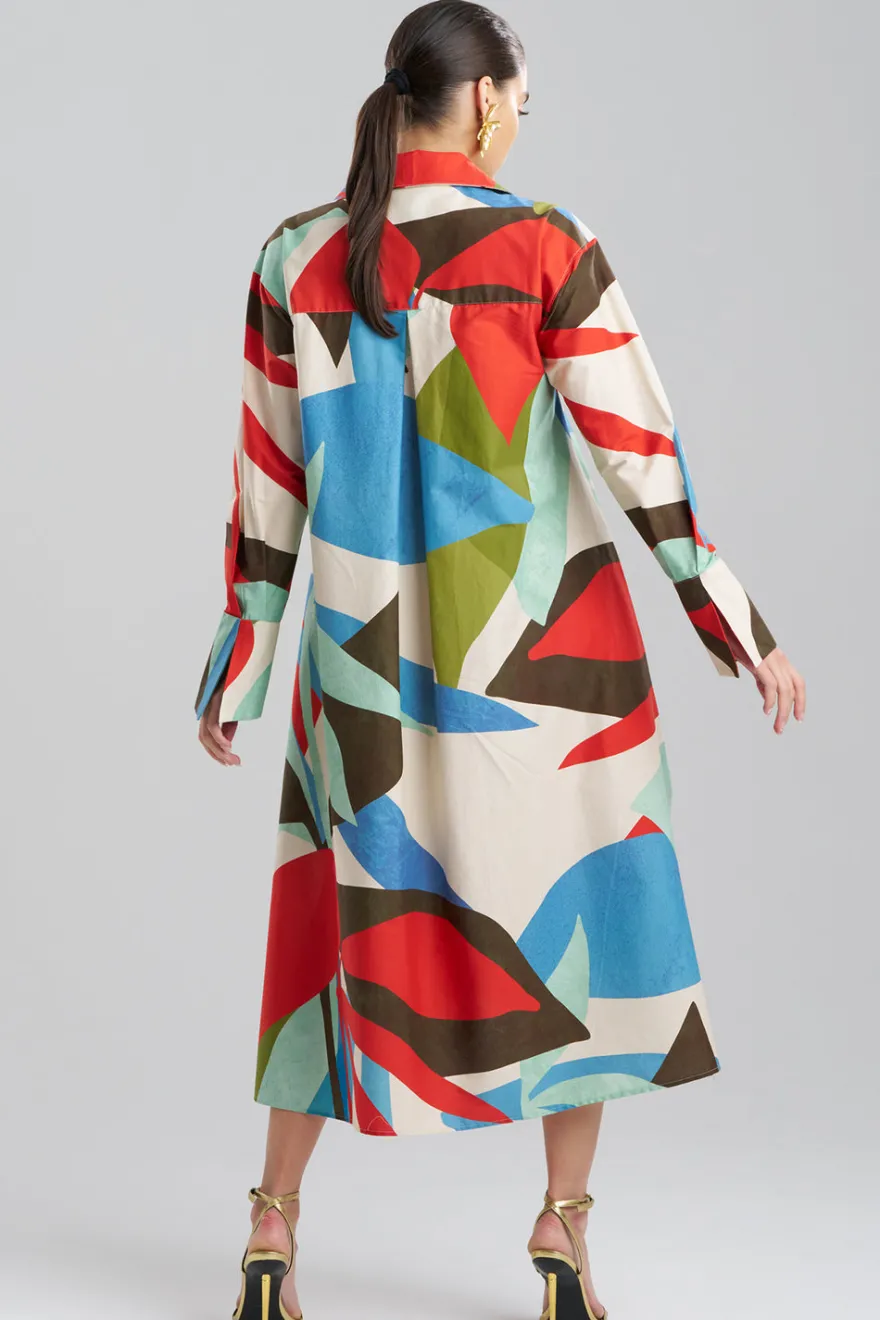 Abstract Palm Cotton Poplin Oversized Button Down Shirtdress