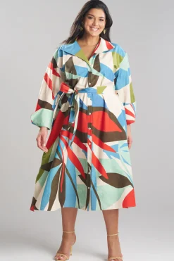 Abstract Palm Cotton Poplin Oversized Button Down Shirtdress
