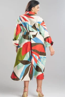 Abstract Palm Cotton Poplin Oversized Button Down Shirtdress