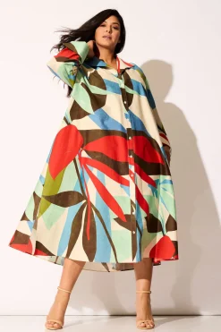 Abstract Palm Cotton Poplin Oversized Button Down Shirtdress