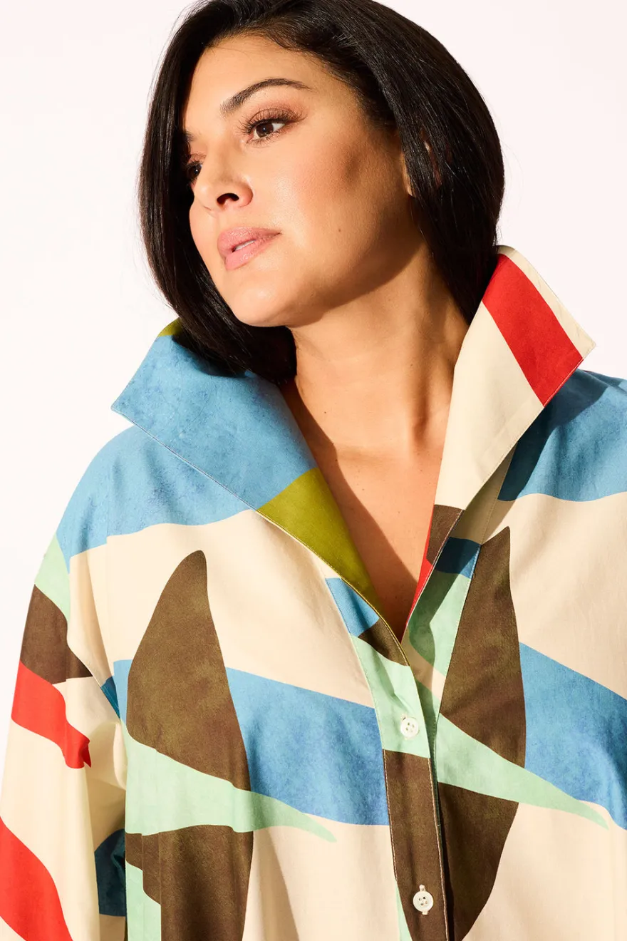 Abstract Palm Cotton Poplin Oversized Button Down Shirtdress