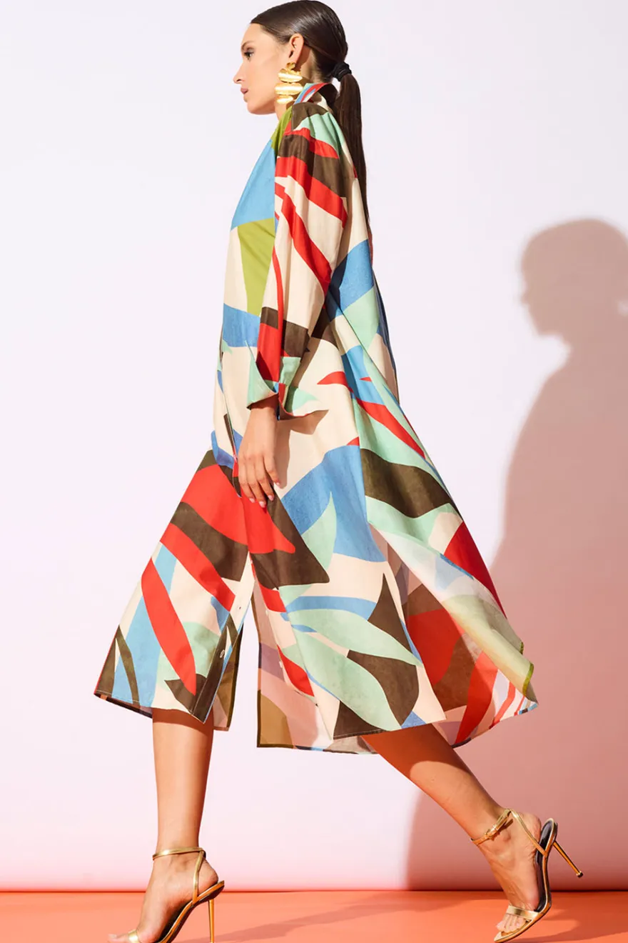 Abstract Palm Cotton Poplin Oversized Button Down Shirtdress