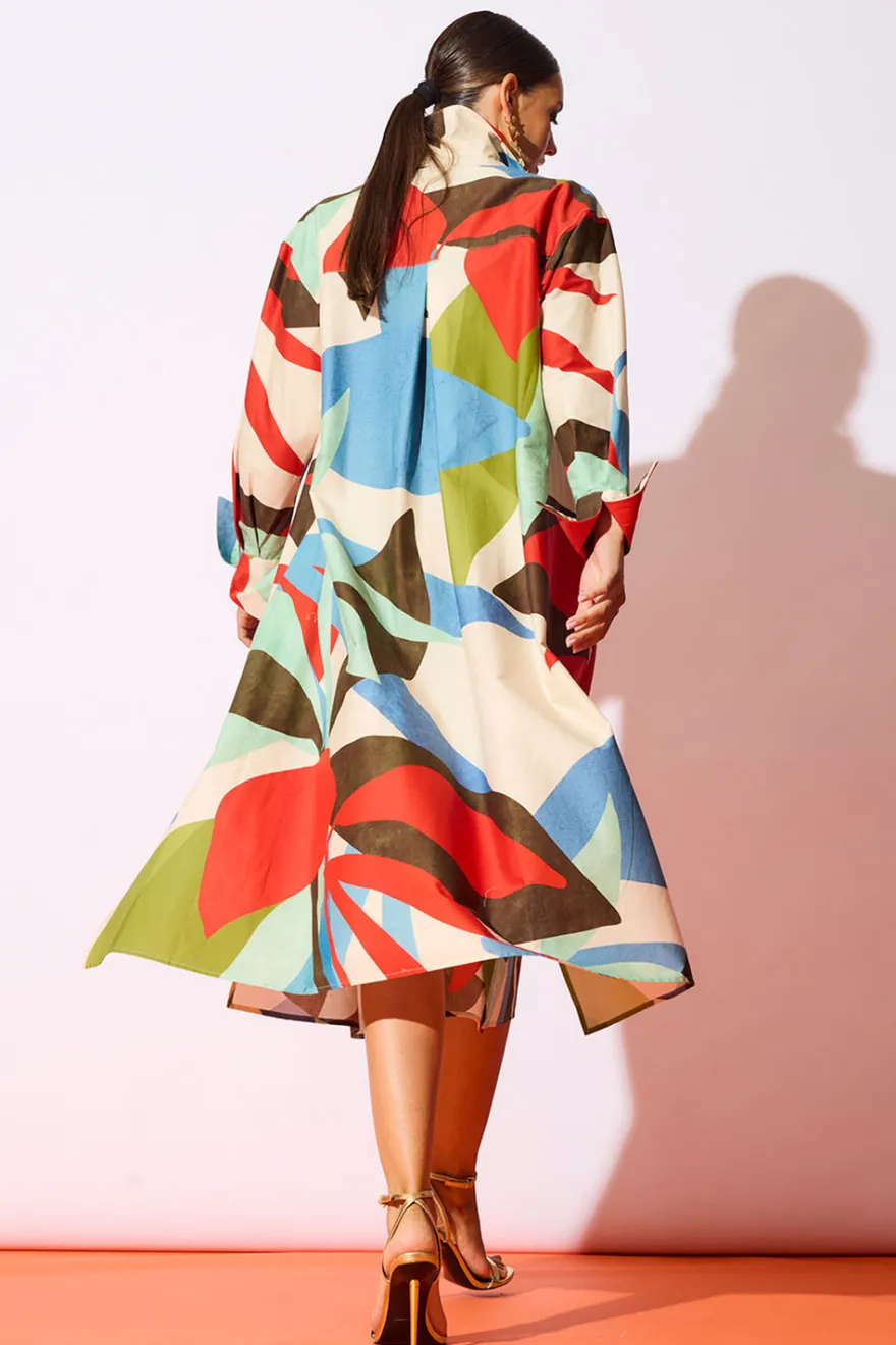 Abstract Palm Cotton Poplin Oversized Button Down Shirtdress