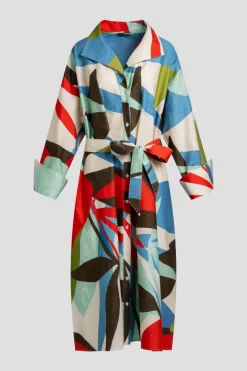 Abstract Palm Cotton Poplin Oversized Button Down Shirtdress