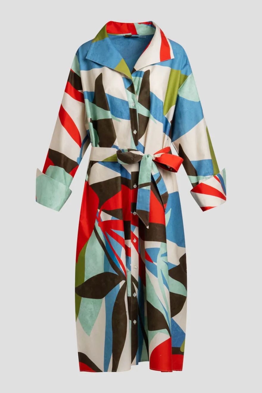 Abstract Palm Cotton Poplin Oversized Button Down Shirtdress