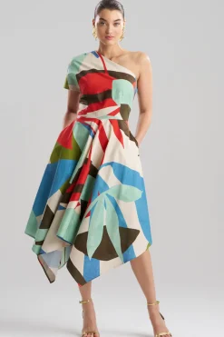 Abstract Palm Cotton Poplin One Shoulder Dress