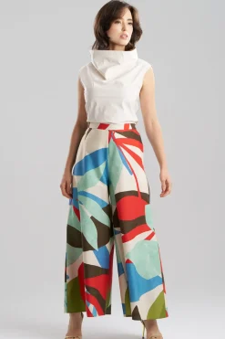 Abstract Palm Cotton Poplin Pull On Palazzo Pants