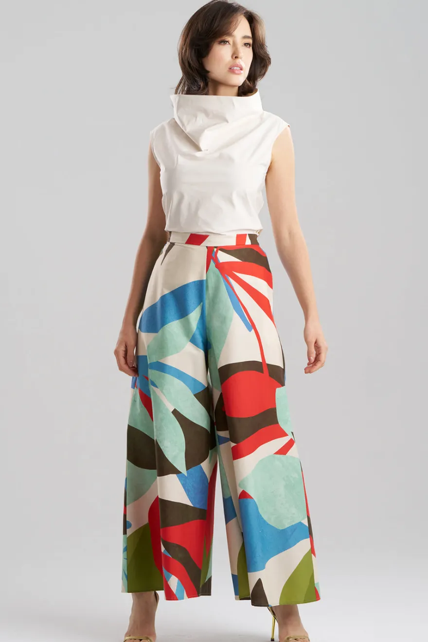 Abstract Palm Cotton Poplin Pull On Palazzo Pants