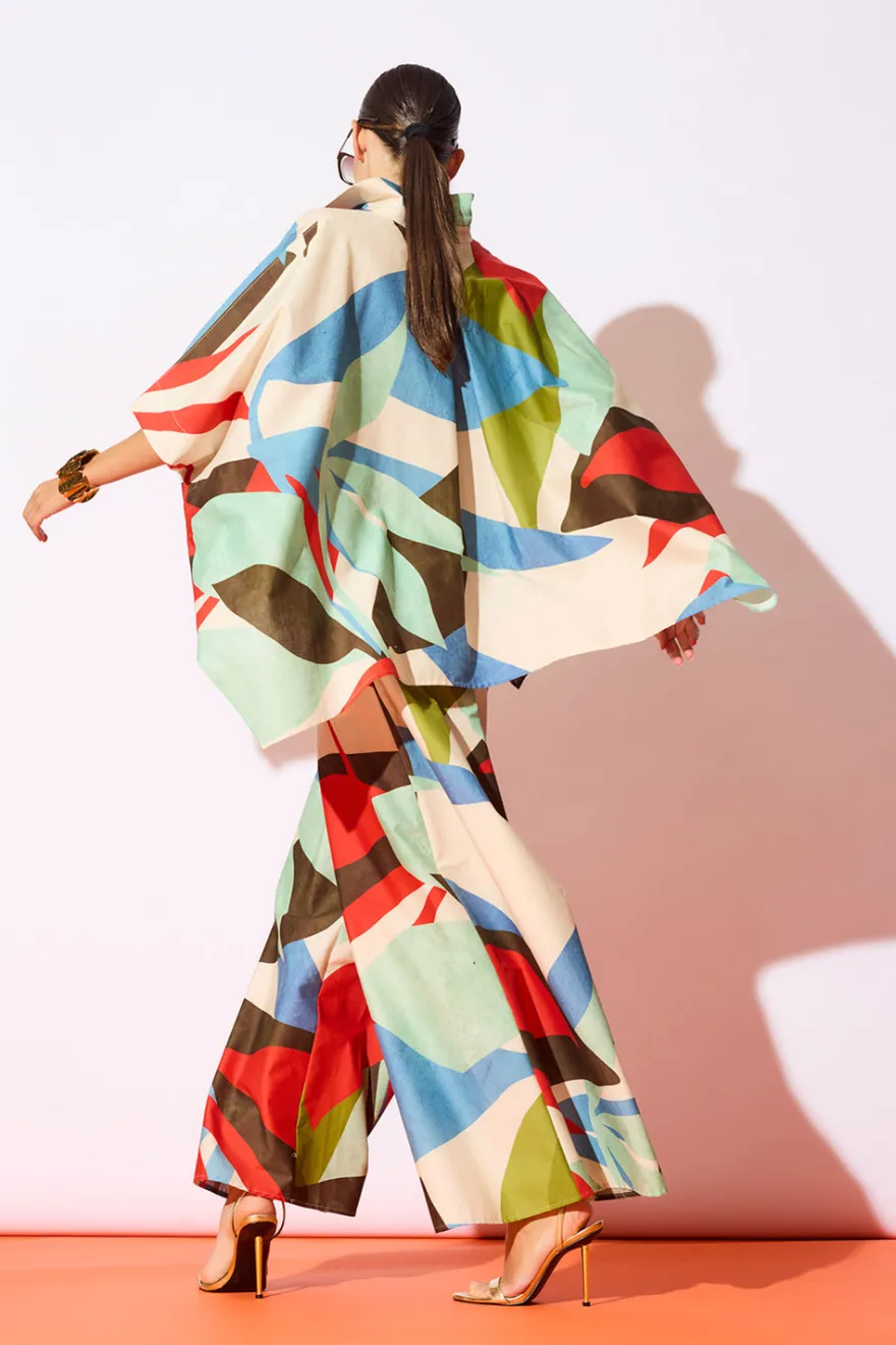 Abstract Palm Cotton Poplin Pull On Palazzo Pants