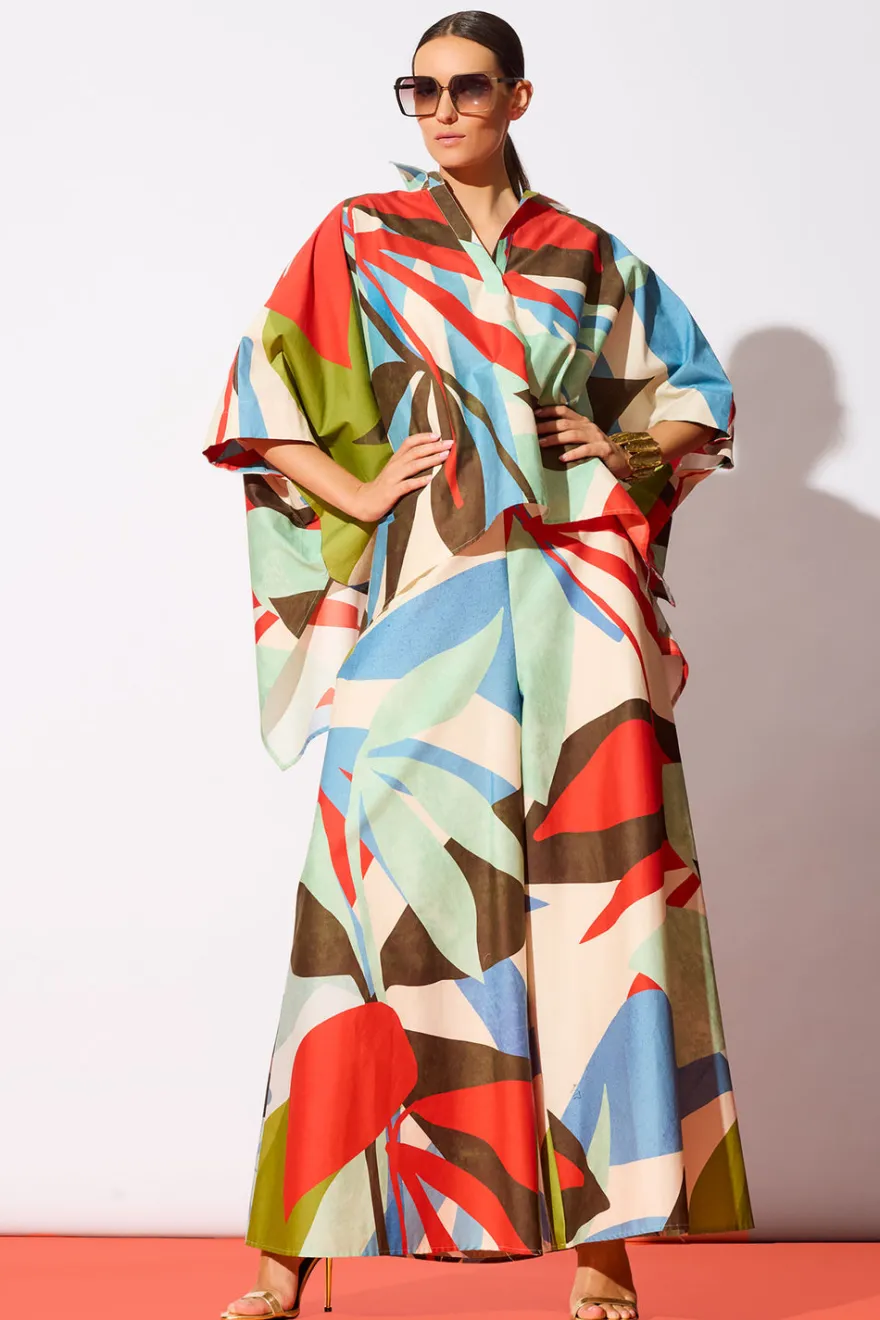 Abstract Palm Cotton Poplin Pull On Palazzo Pants