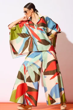 Abstract Palm Cotton Poplin Oversized Caftan Top