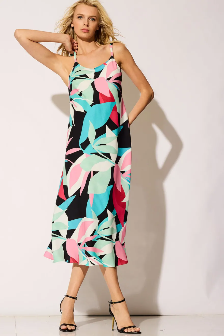 Abstract Palm Printed Satin Slip Dress