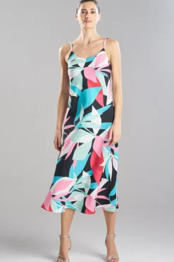 Abstract Palm Printed Satin Slip Dress