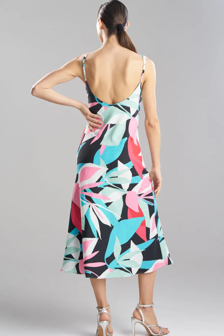 Abstract Palm Printed Satin Slip Dress