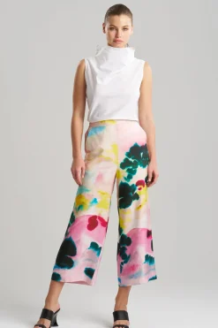 Akiko Printed Cotton Silk Twill Cropped Pull On Pants