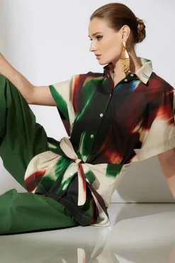 Amalfi Printed Cotton Poplin Kimono Wrap Shirt