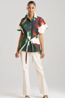 Amalfi Printed Cotton Poplin Kimono Wrap Shirt