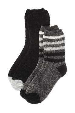 Chenille Multi Striped/Solid Cozy Crew Socks - 2 Pair Pack