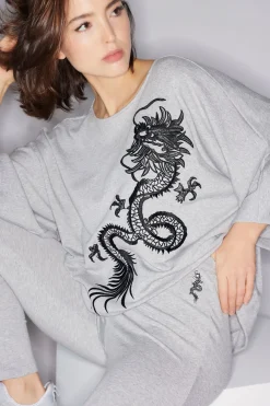 Cocoon Brushed French Terry Dragon Embroidered Kimono Top