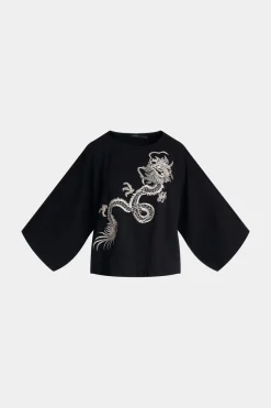 Cocoon Brushed French Terry Dragon Embroidered Kimono Top
