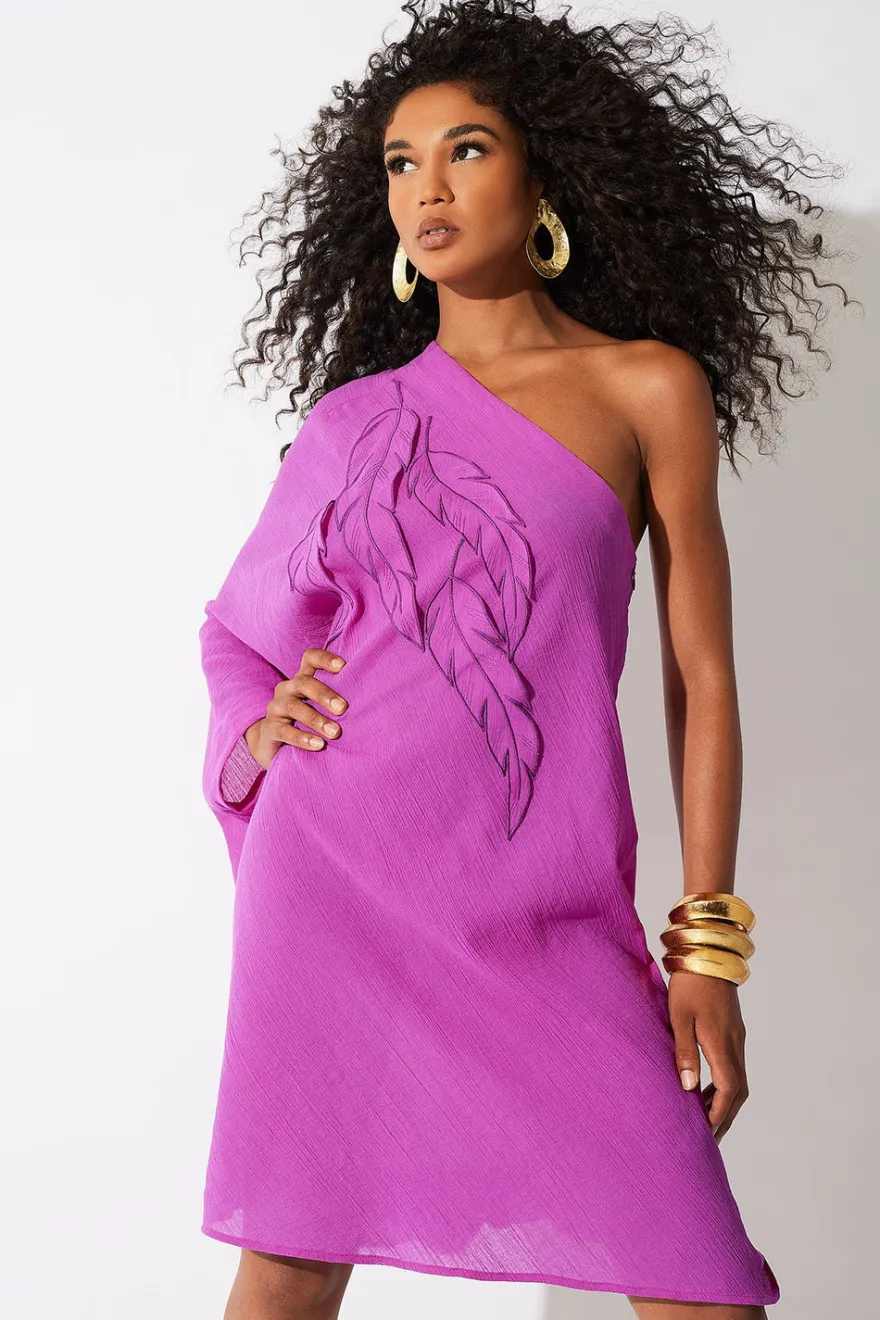 Cotton Gauze Applique One Shoulder Dress
