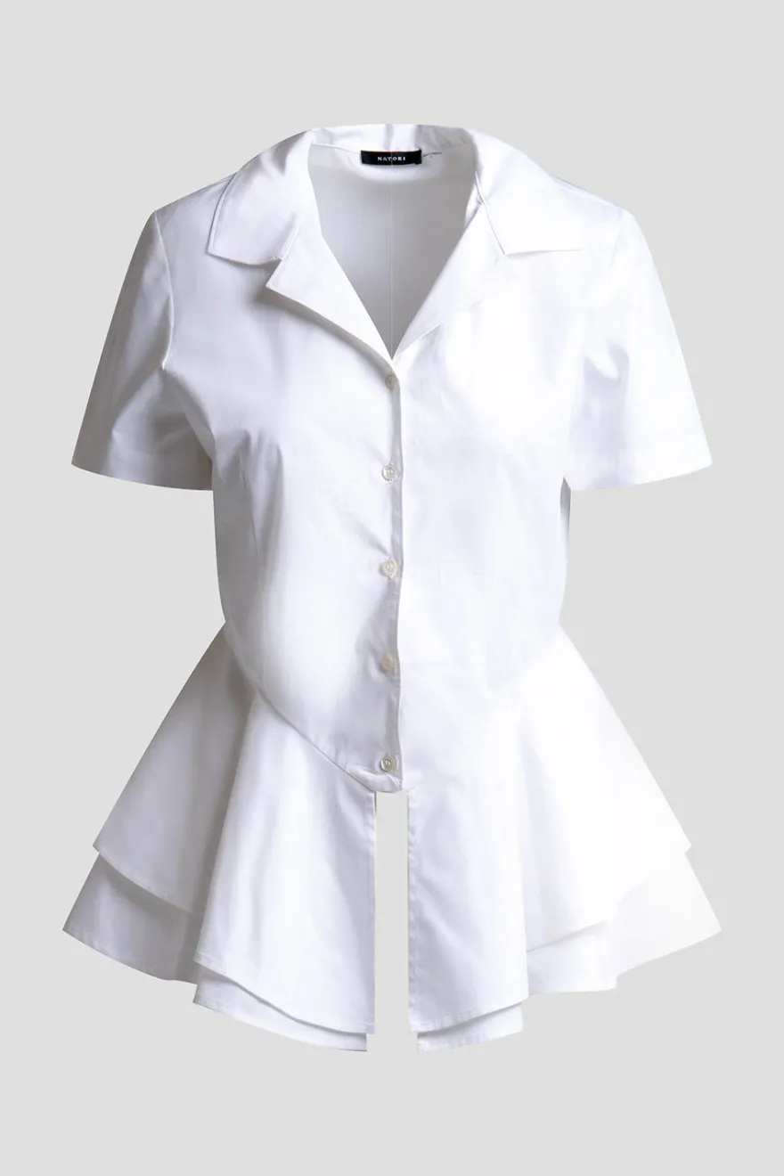 Cotton Poplin Tiered Hem Short Sleeve Shirt