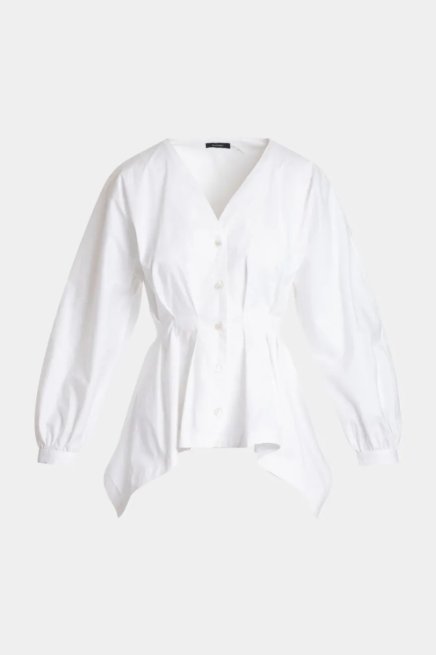 Cotton Poplin V-Neck Pleated Shirt