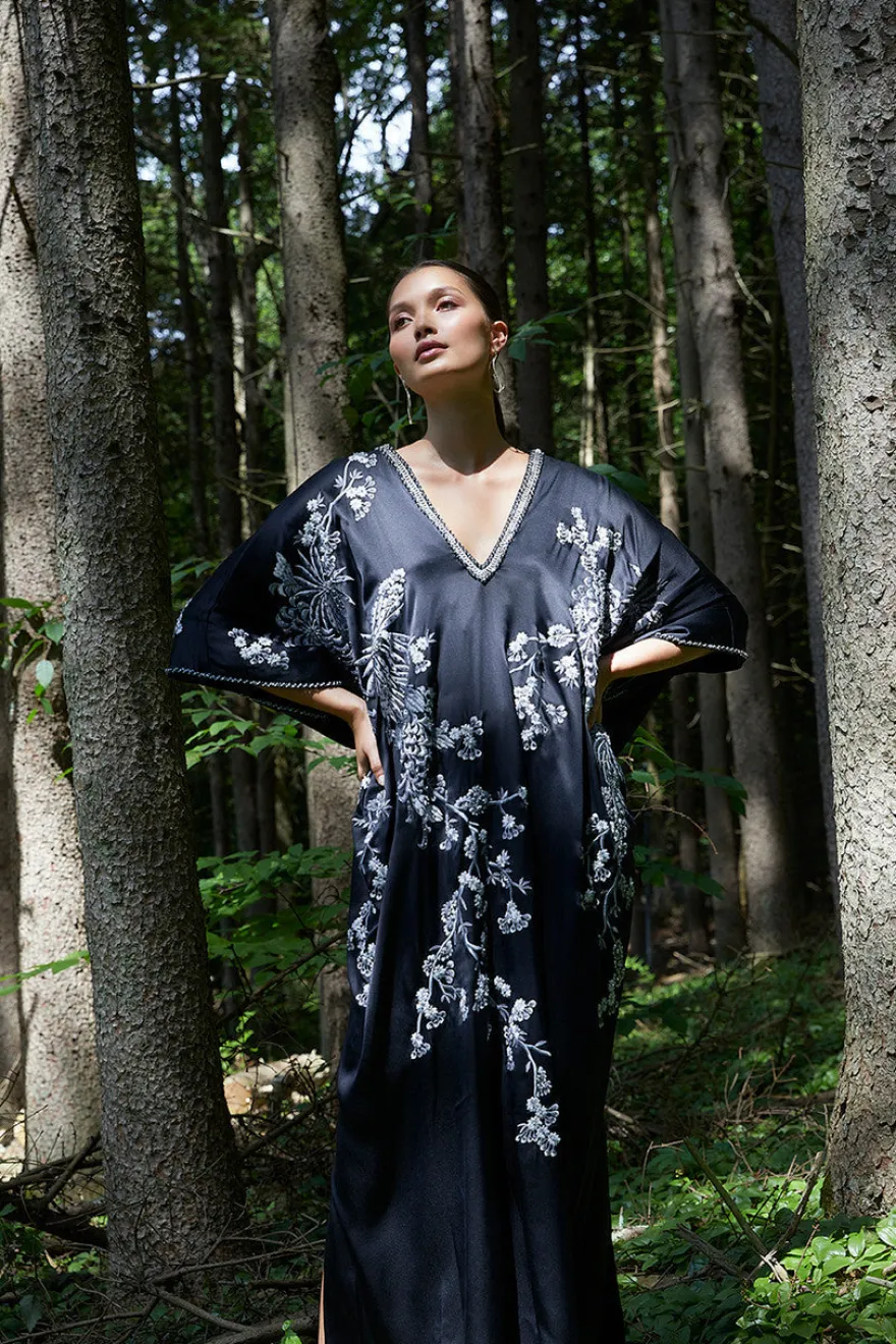 Couture Black Silk Embroidered Caftan