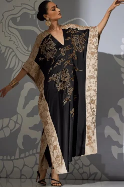 Couture Dragon Embroidered Cocoon Silk Caftan
