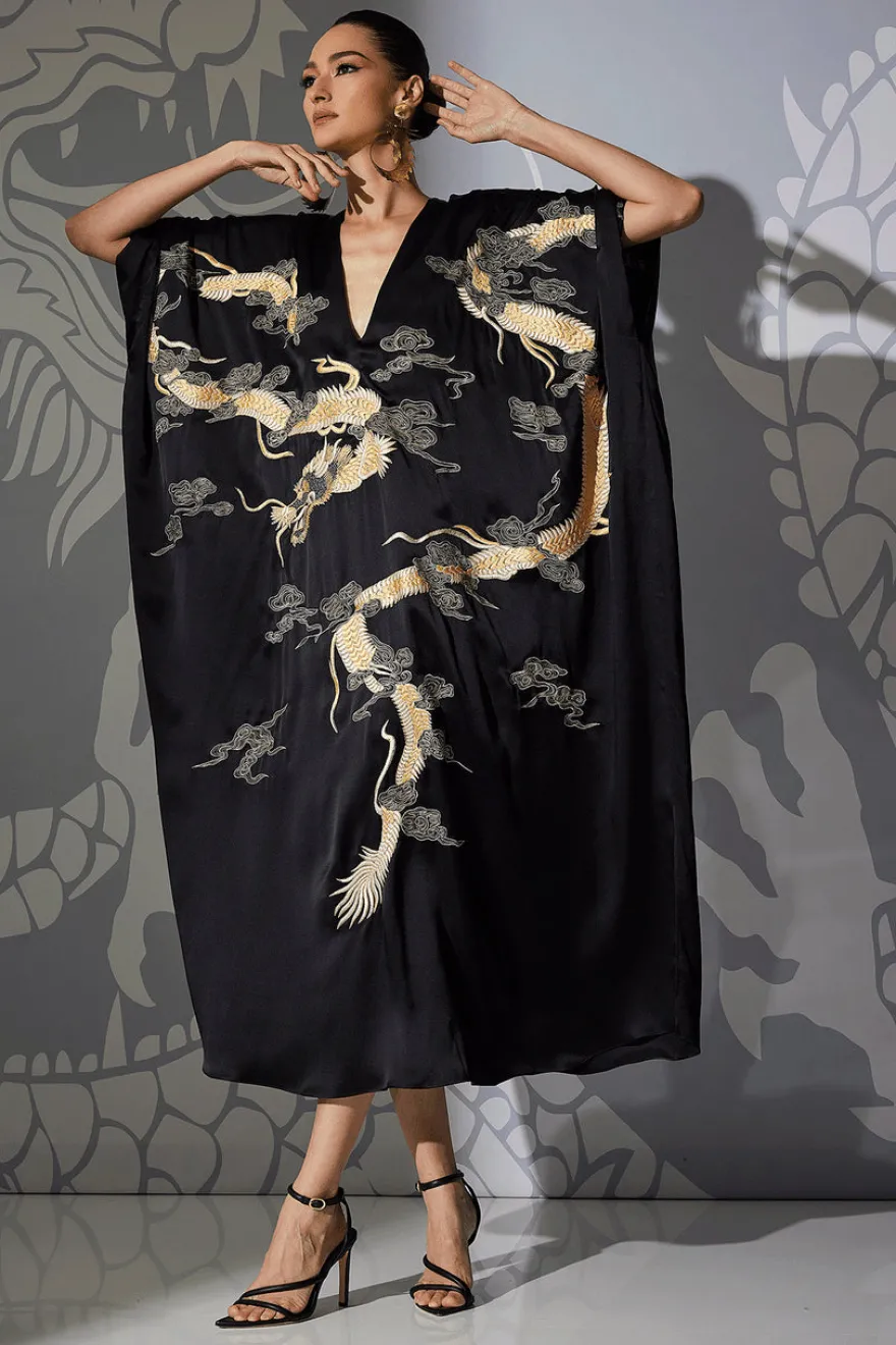 Couture Lucky Dragon Embroidered Cocoon Silk Caftan