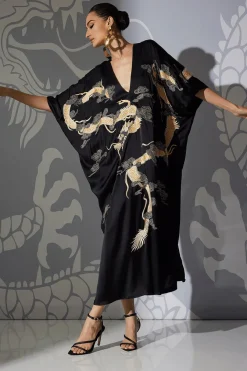 Couture Lucky Dragon Embroidered Cocoon Silk Caftan