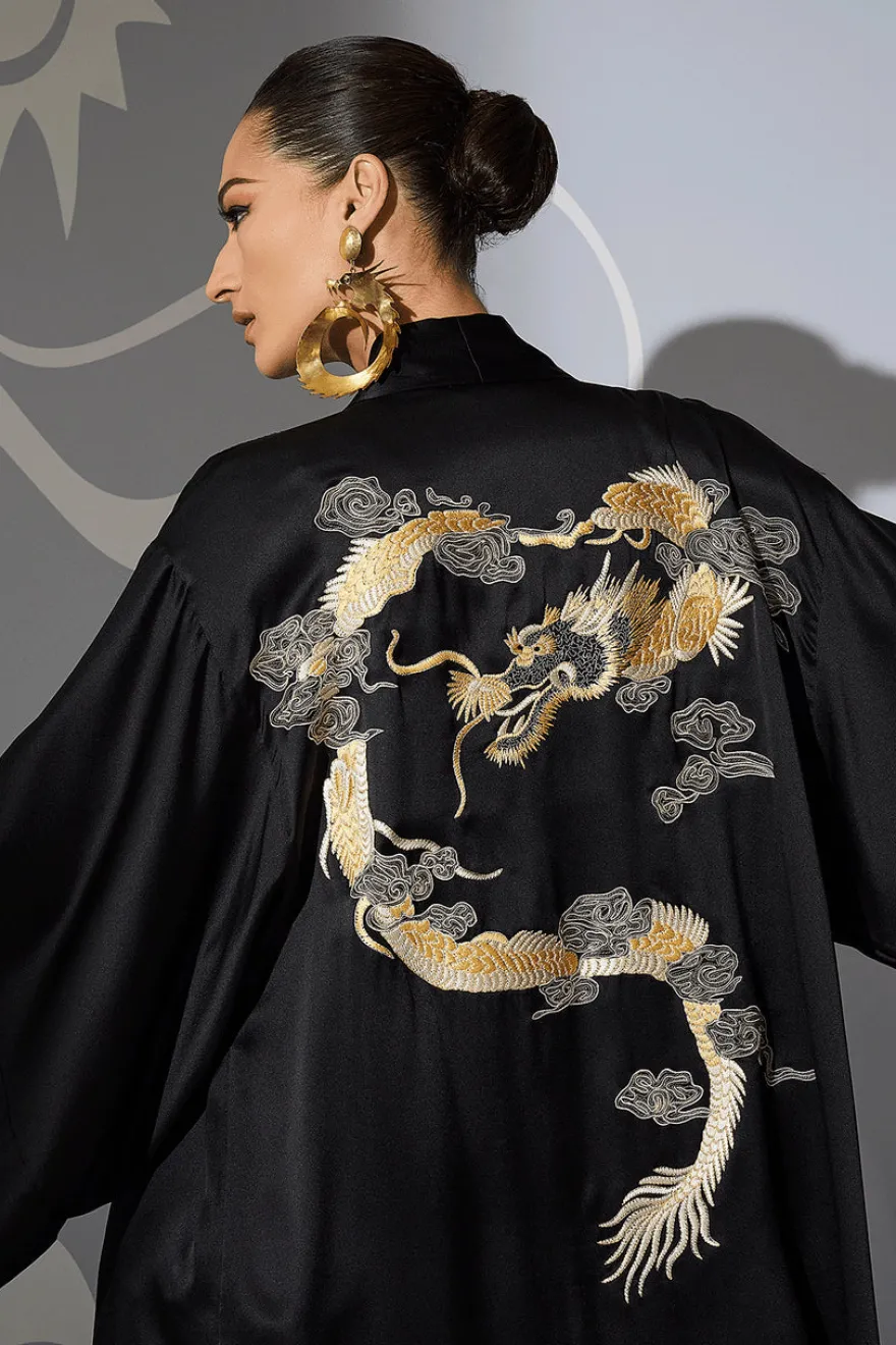 Couture Lucky Dragon Embroidered Silk Wrap