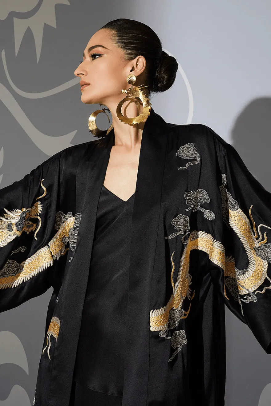 Couture Lucky Dragon Embroidered Silk Wrap