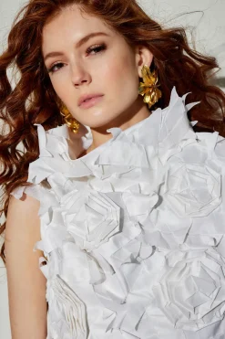 Couture Silk Dupioni Embellished Funnel Neck Top