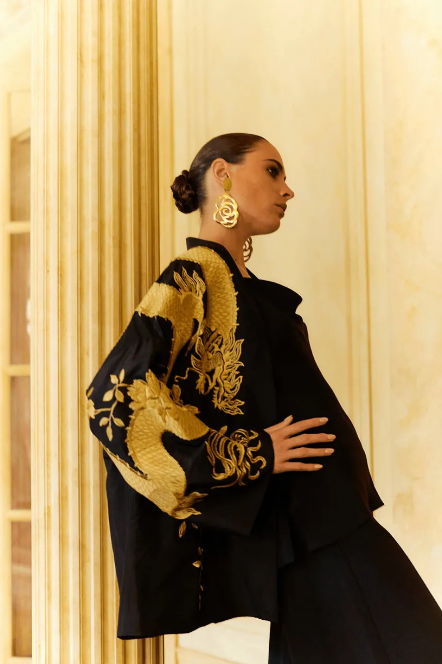 Couture Silk Taffeta Embroidered Dragon Coat