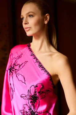 Couture Yumi One Shoulder Embroidered Silk Caftan