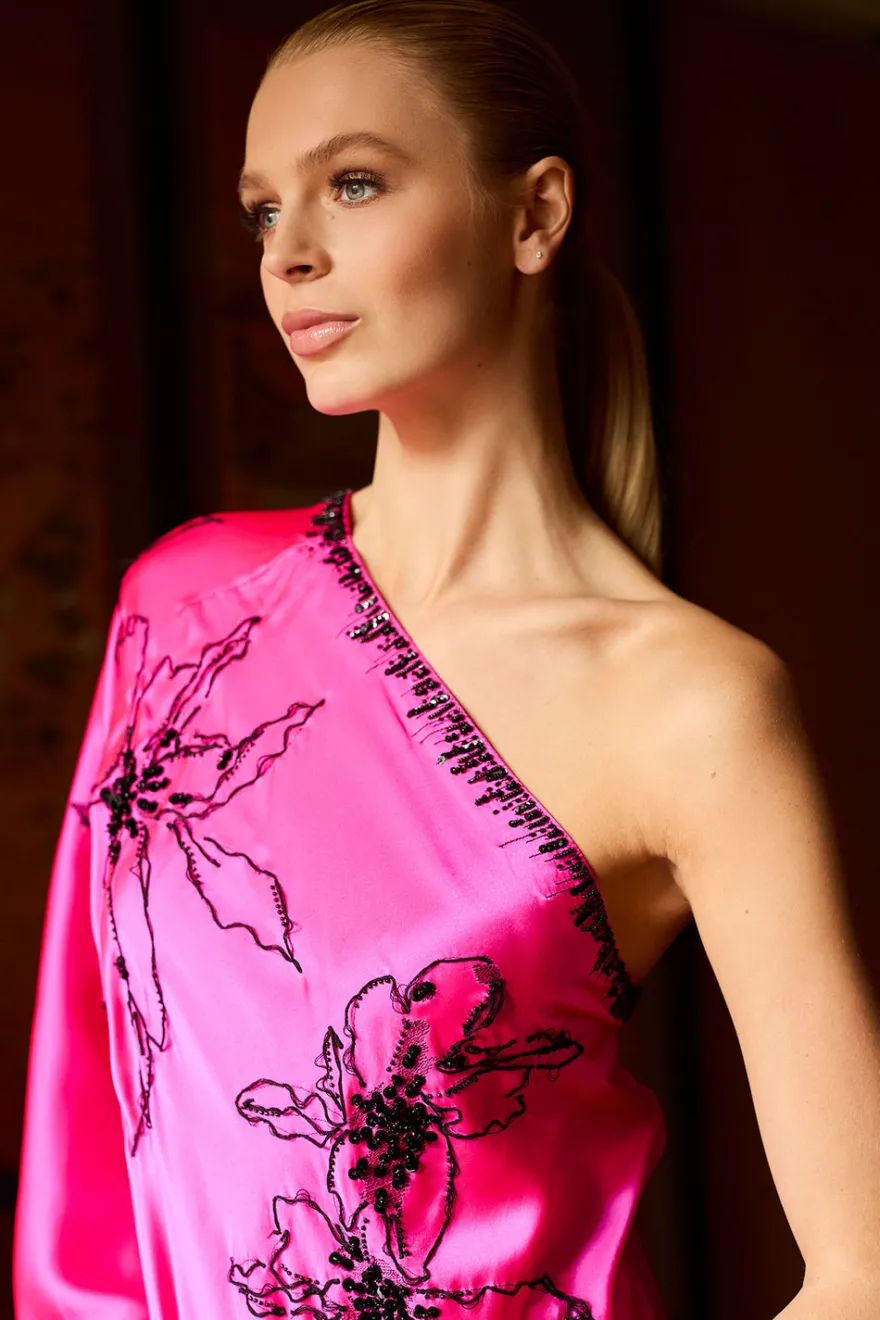 Couture Yumi One Shoulder Embroidered Silk Caftan
