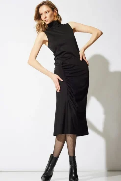Crepe Knit Mock Neck Ruched Dress