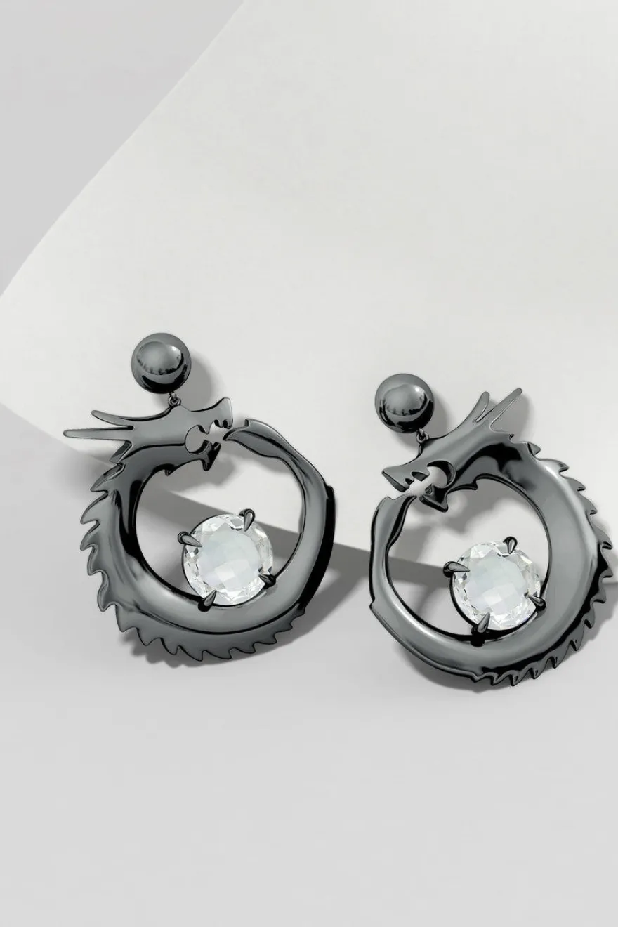 Dragon Midnight Silver and White Topaz Dangler Earrings