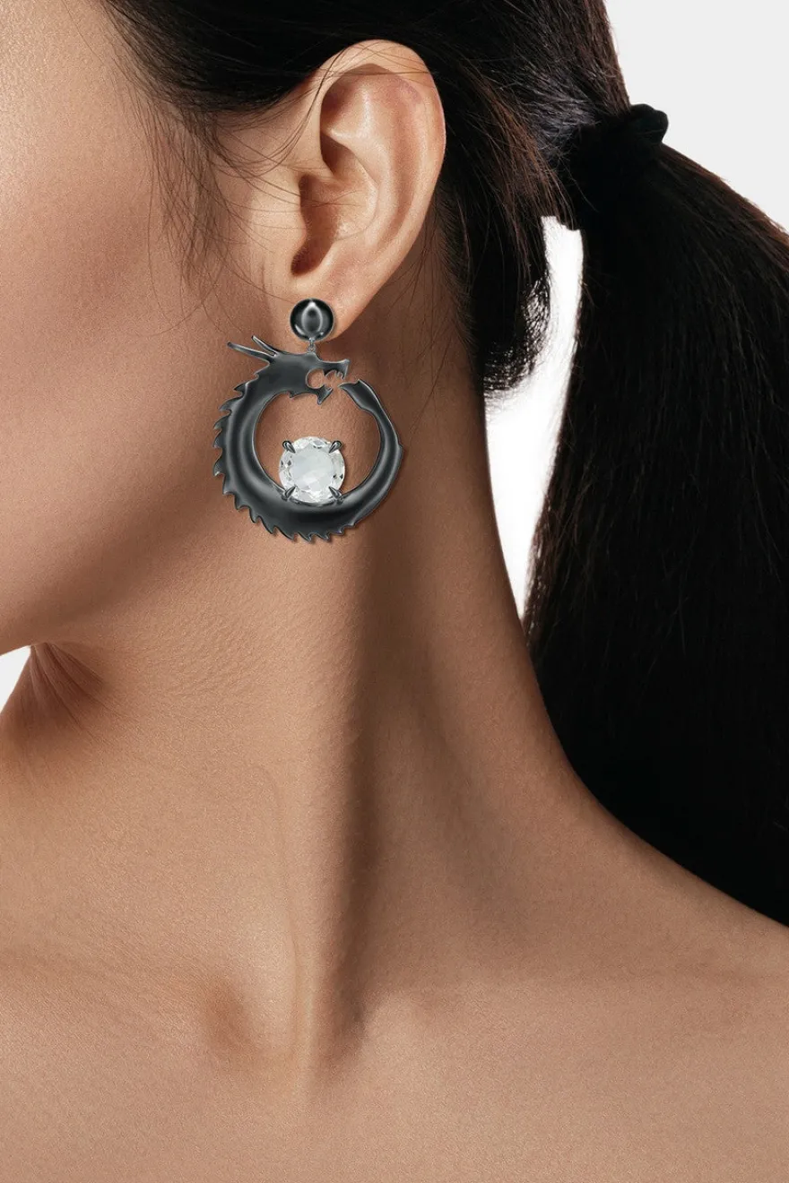 Dragon Midnight Silver and White Topaz Dangler Earrings