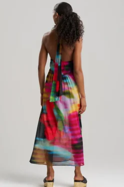 Floral Mirage Printed Mesh Halter Dress