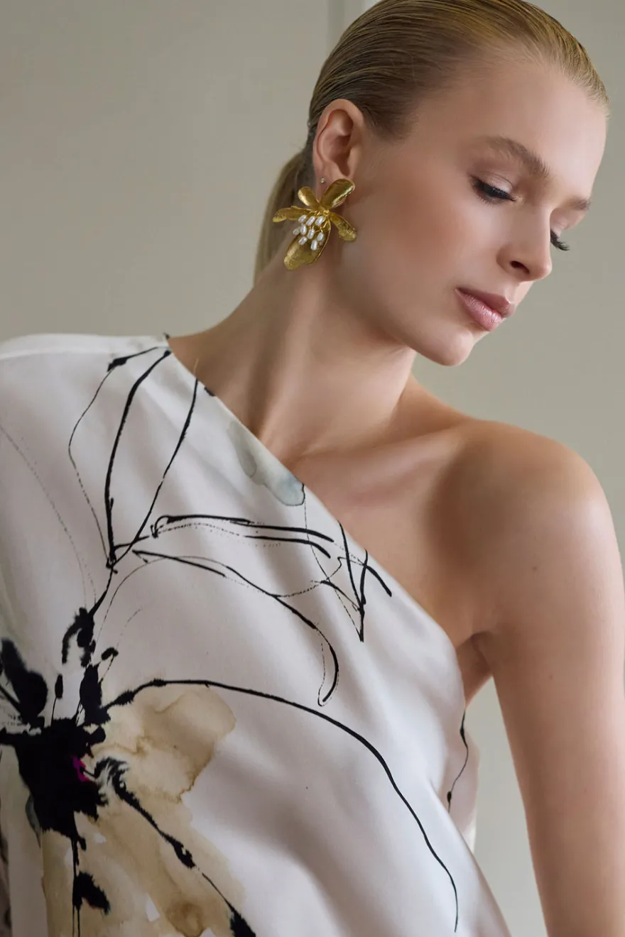Fresh Water Pearl & Gold Plated Peony Cluster Pierced Earrings