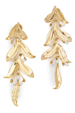 Fresh Water Pearl & Gold Plated Drop Leaf Pierced Earrings