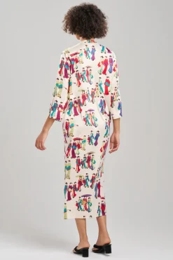 Geisha-Printed Satin Zip Caftan