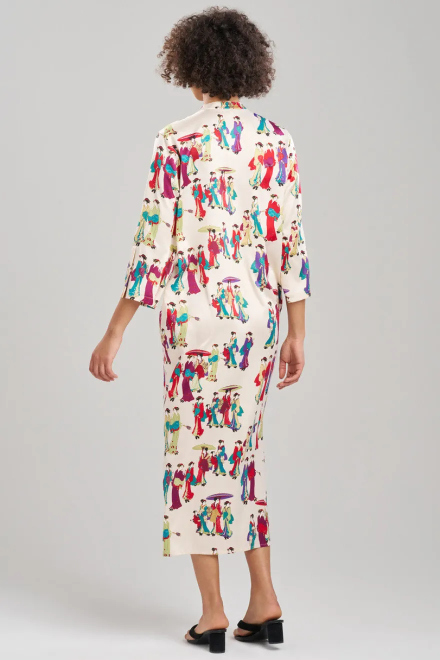 Geisha-Printed Satin Zip Caftan