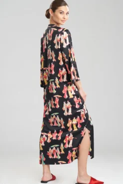 Geisha-Printed Satin Zip Caftan