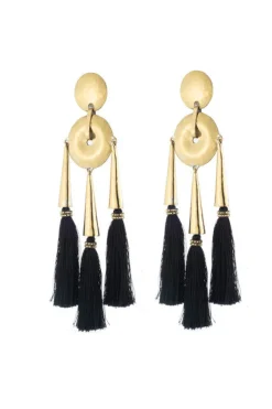 Gold Plated Brass Black Fringe Clip Earrings