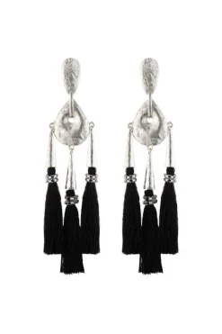Gold Plated Brass Black Fringe Clip Earrings